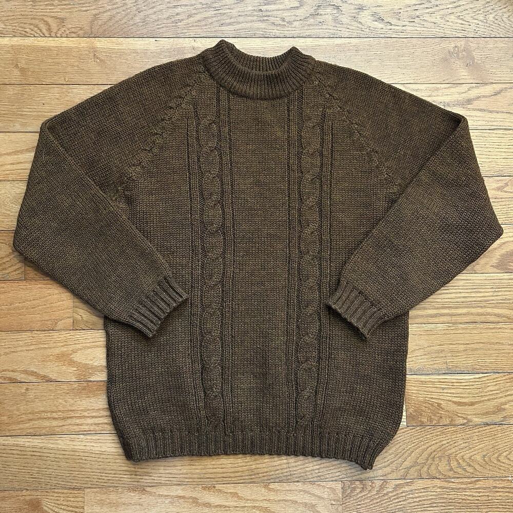 Vintage 60s Wolsey 100% Wool Cable Knit Fisherman Brown Sweater Medium